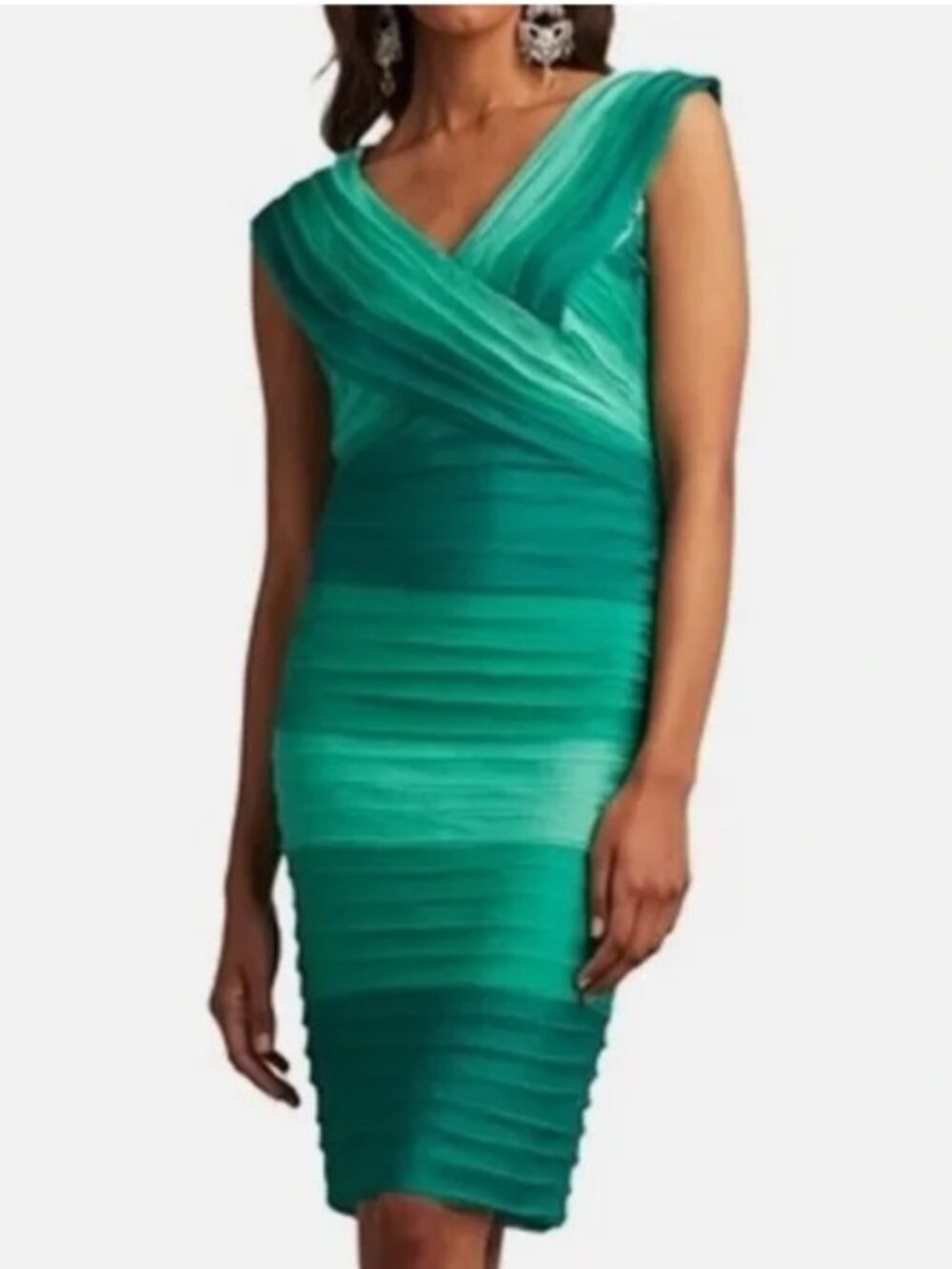 Tadashi Shoji Elegant Emerald Green Sleeved Pleated Crossover Ombré Sheath Dress